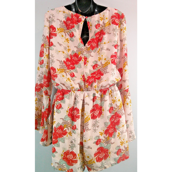 Lulus Always Thriving Blush Pink Floral Bell Sleeves Romper Women's Medium - Picture 5 of 9